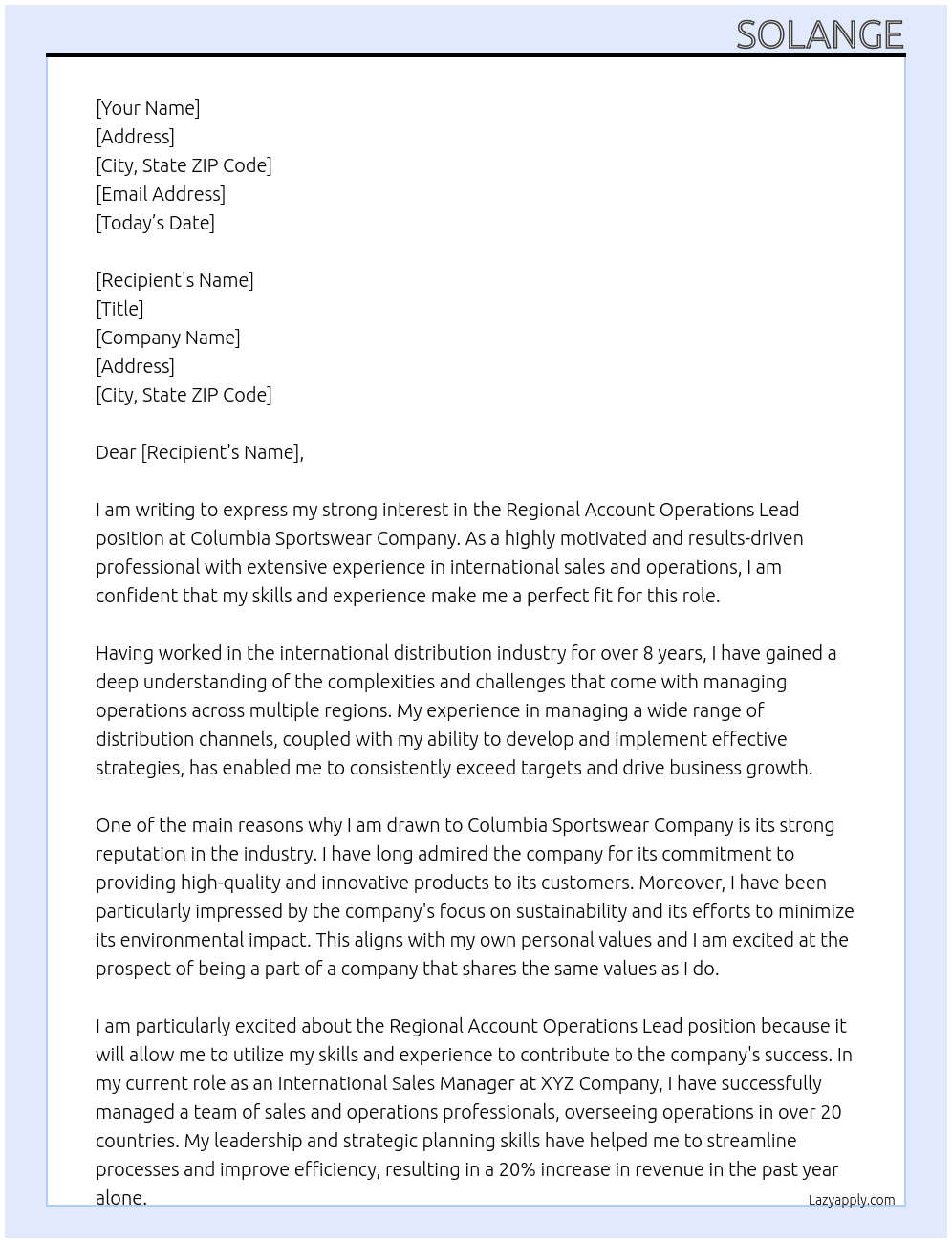 Regional Account Operations Lead - International Distributors At Columbia Sportswear Company Cover Letter