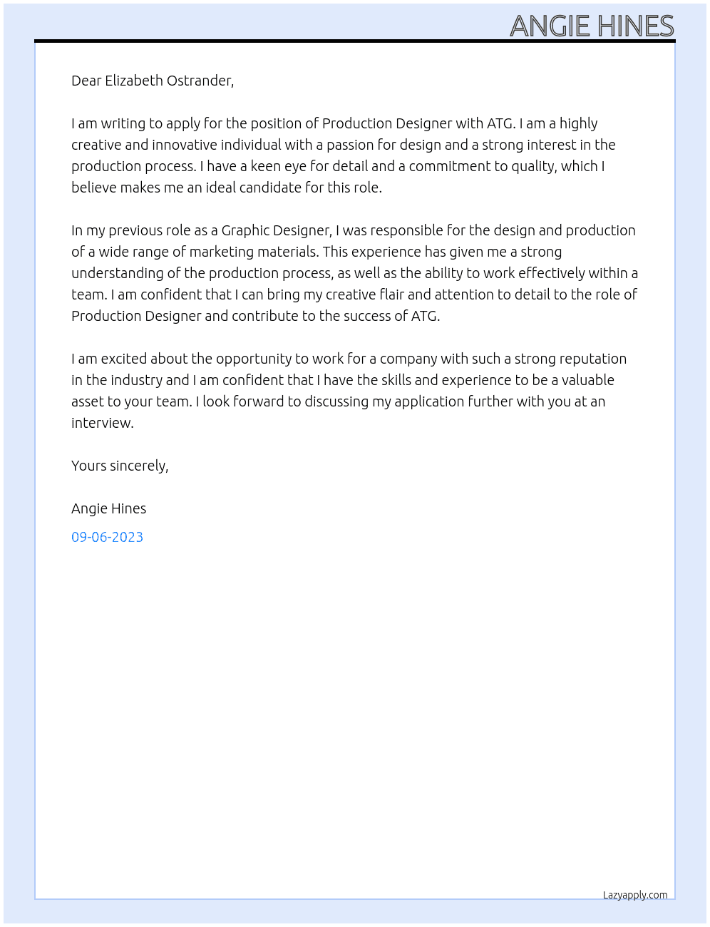 Production Designer At ATG Cover Letter