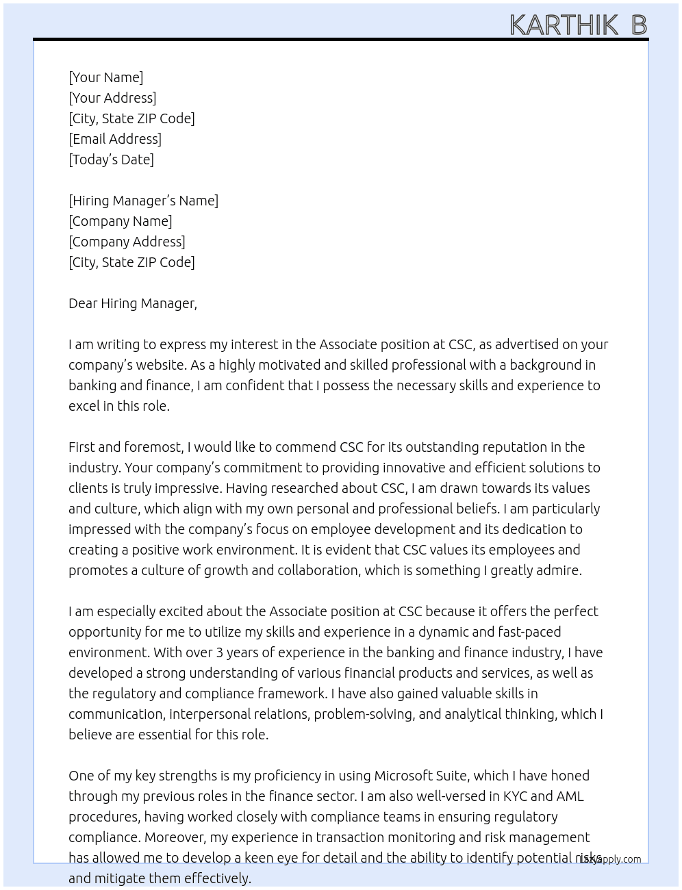 Associate  At CSC Cover Letter