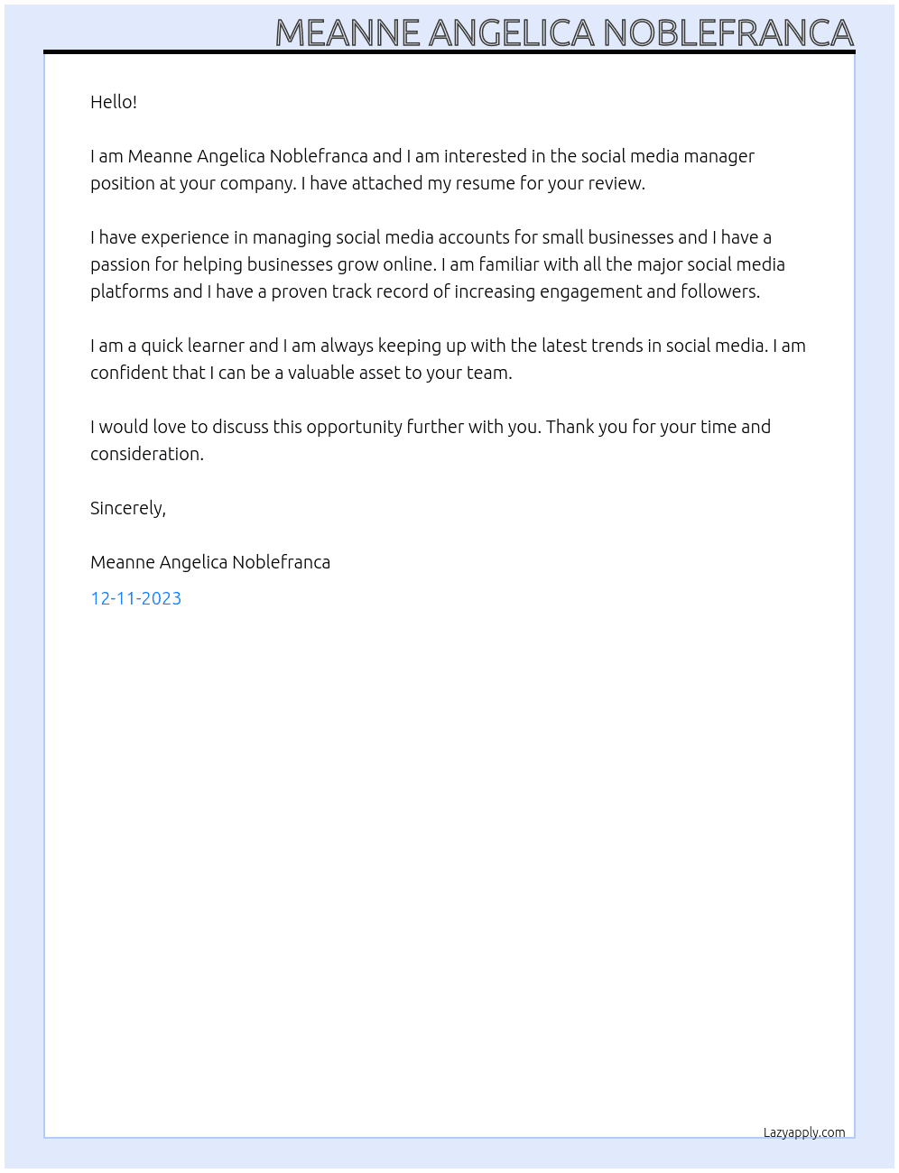 social media manager At social media manager Cover Letter