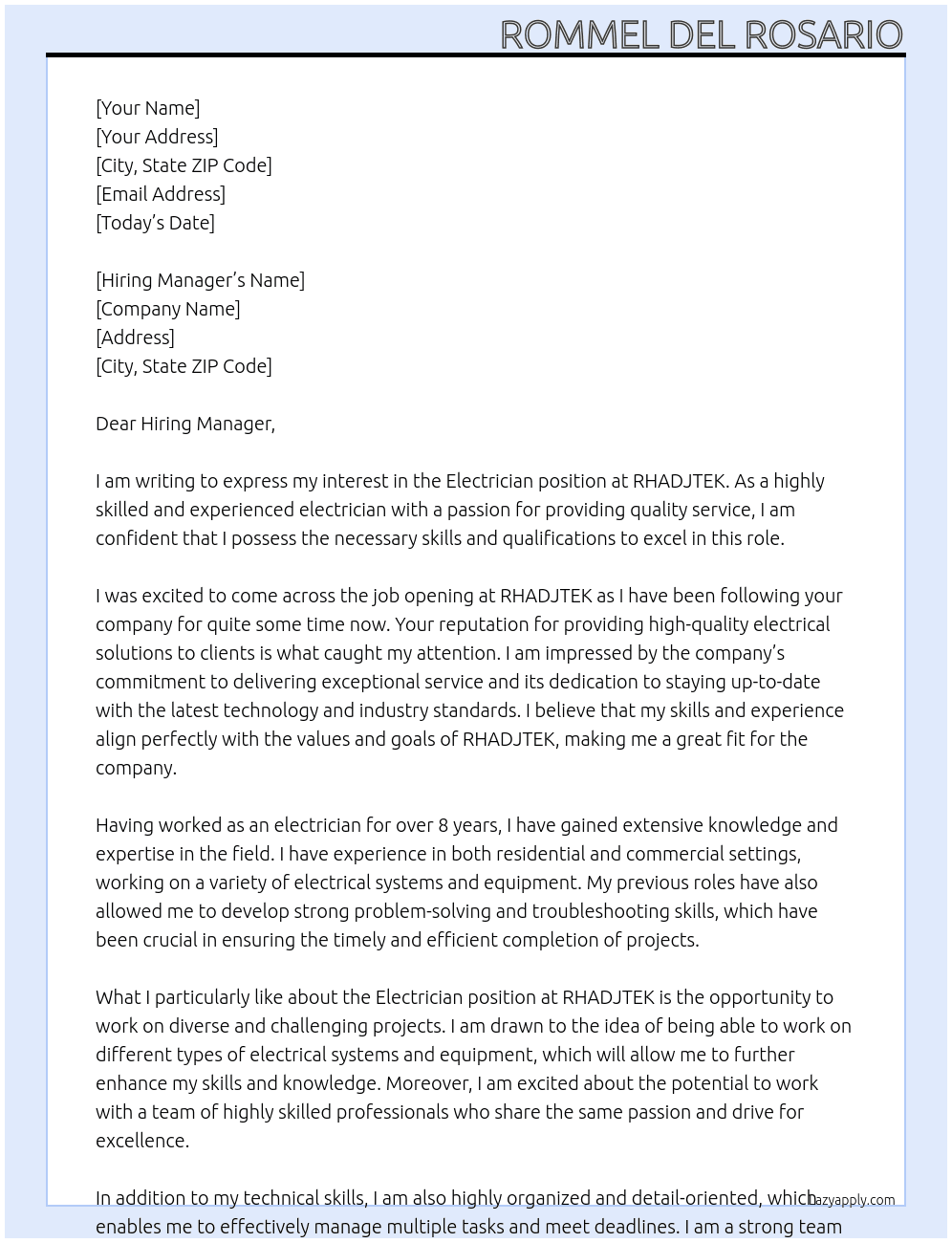 ELECTRICIAN At RHADJTEK Cover Letter