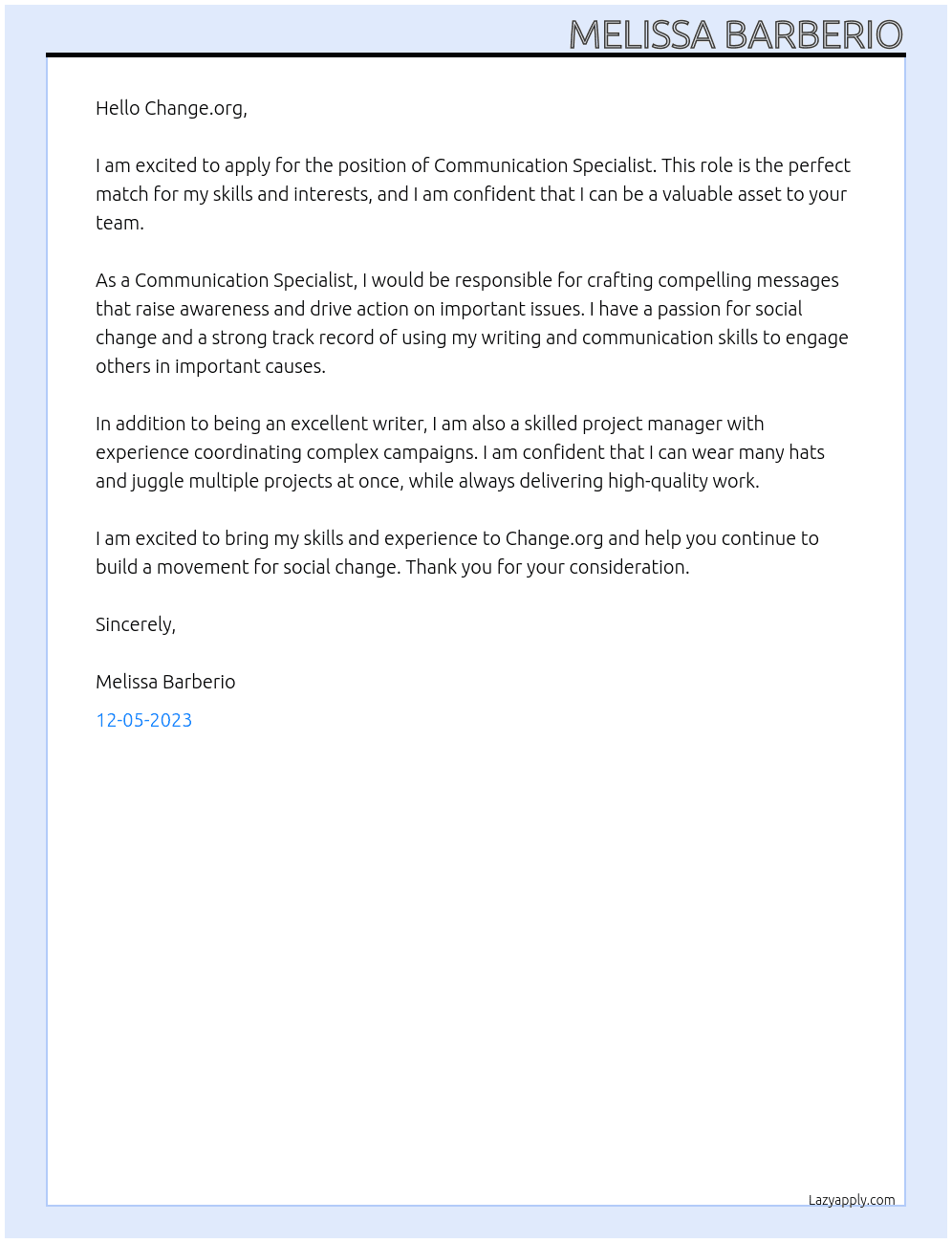 Communication Specialist  At Change.org Cover Letter