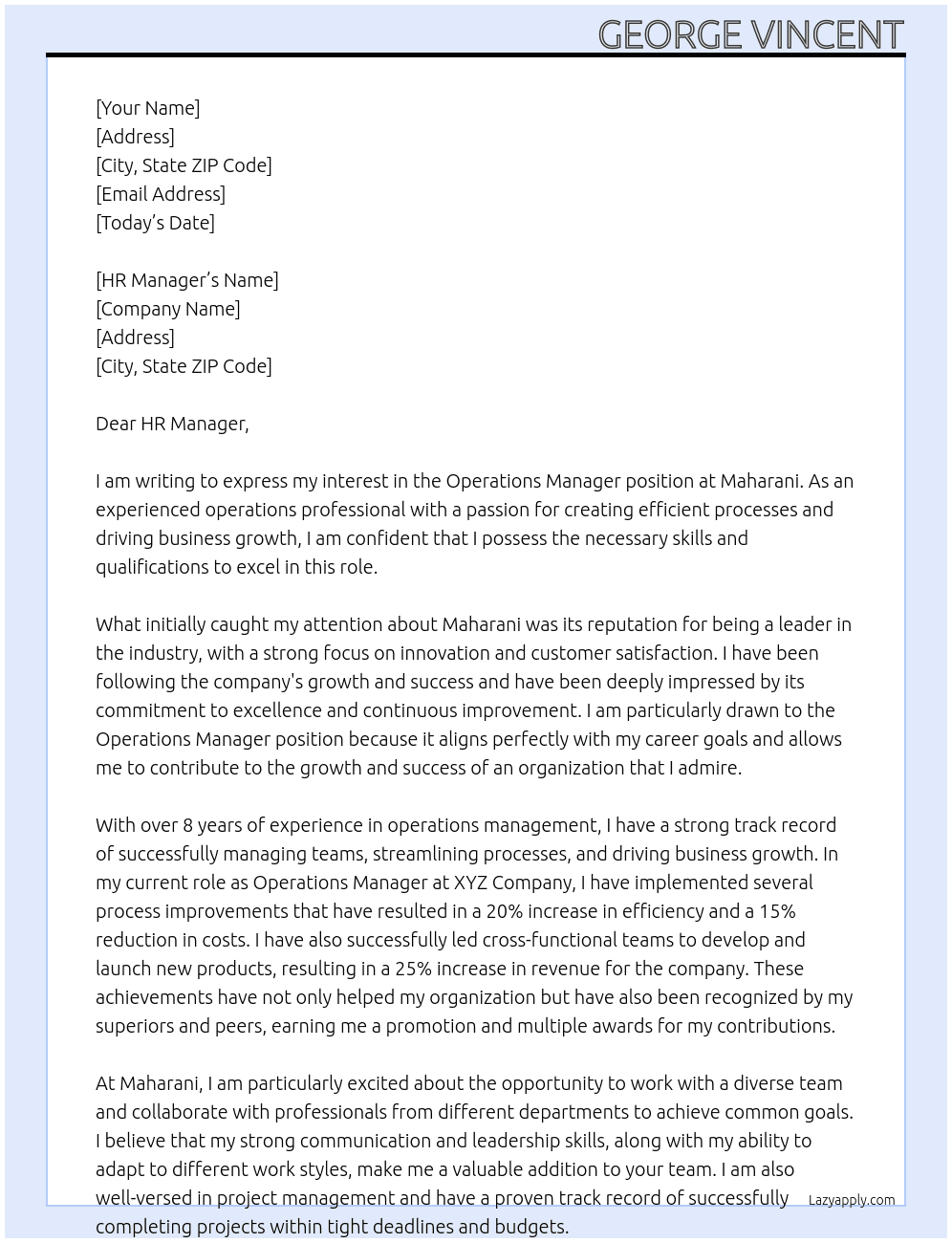 Operations manager  At Maharani Cover Letter