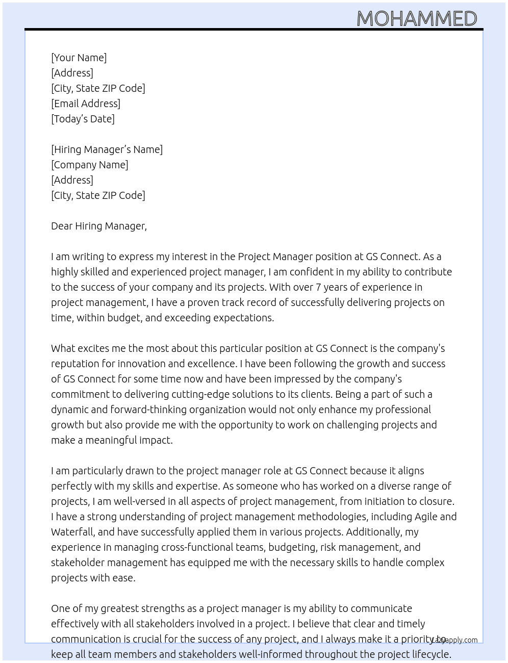 Project Manager At GS Connect Cover Letter