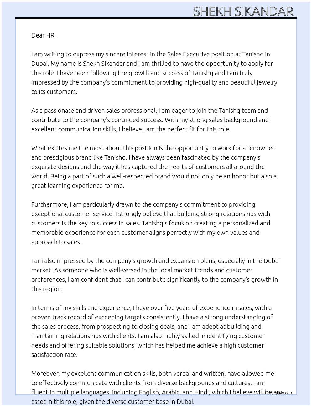 Sales executive  At Tanishq  Cover Letter