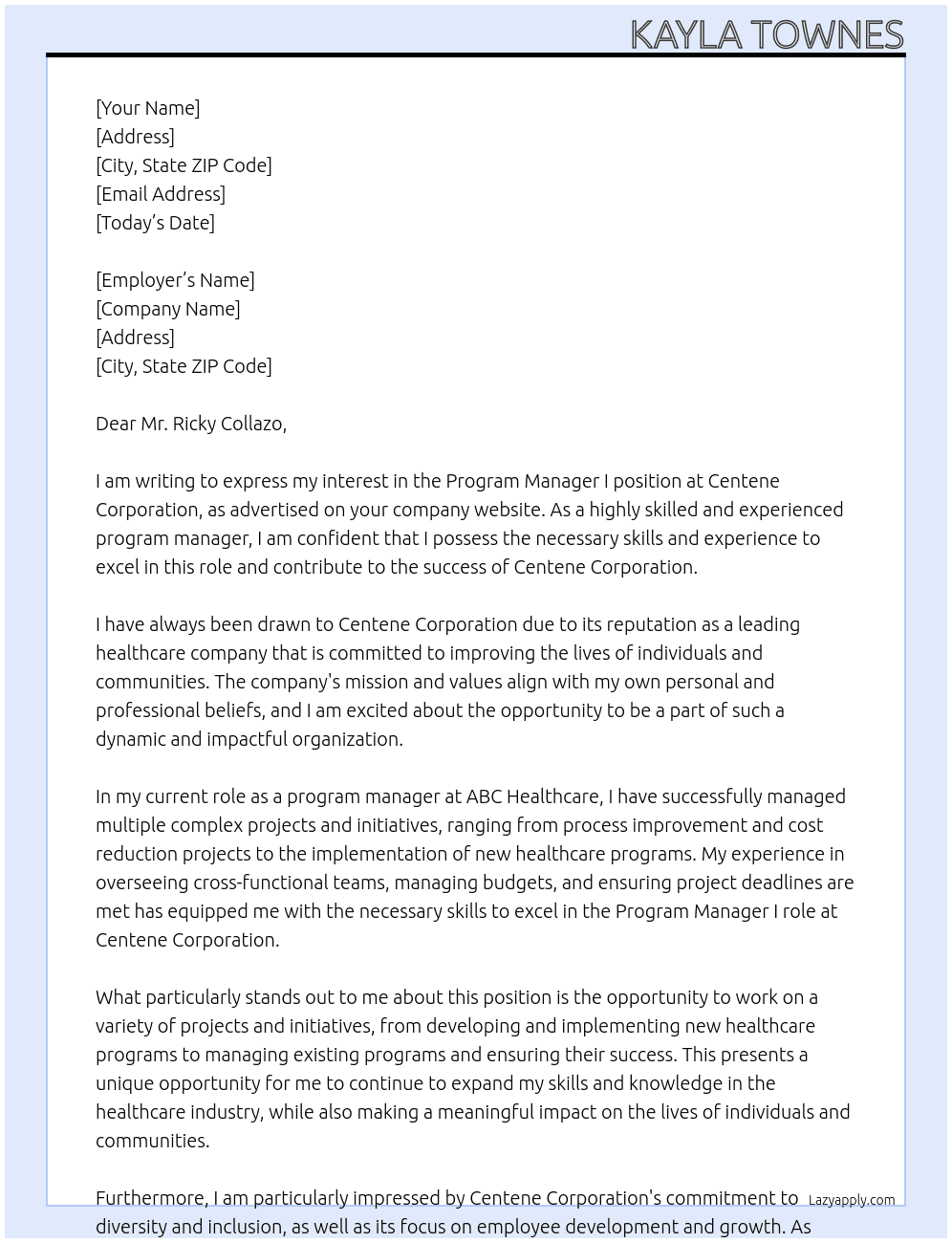 Program Manager I At Centene Corporation Cover Letter