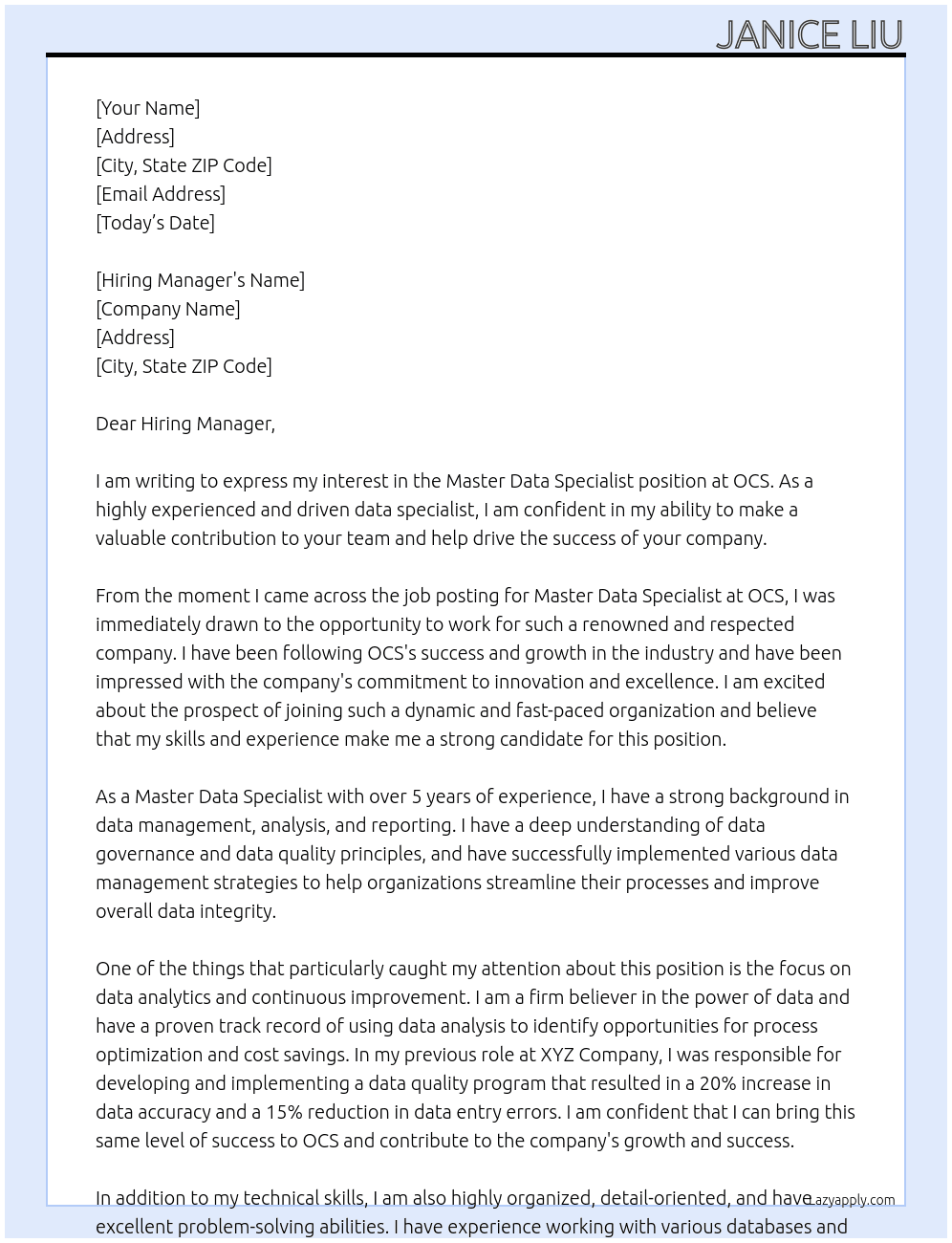 Master Data Specialist  At OCS Cover Letter