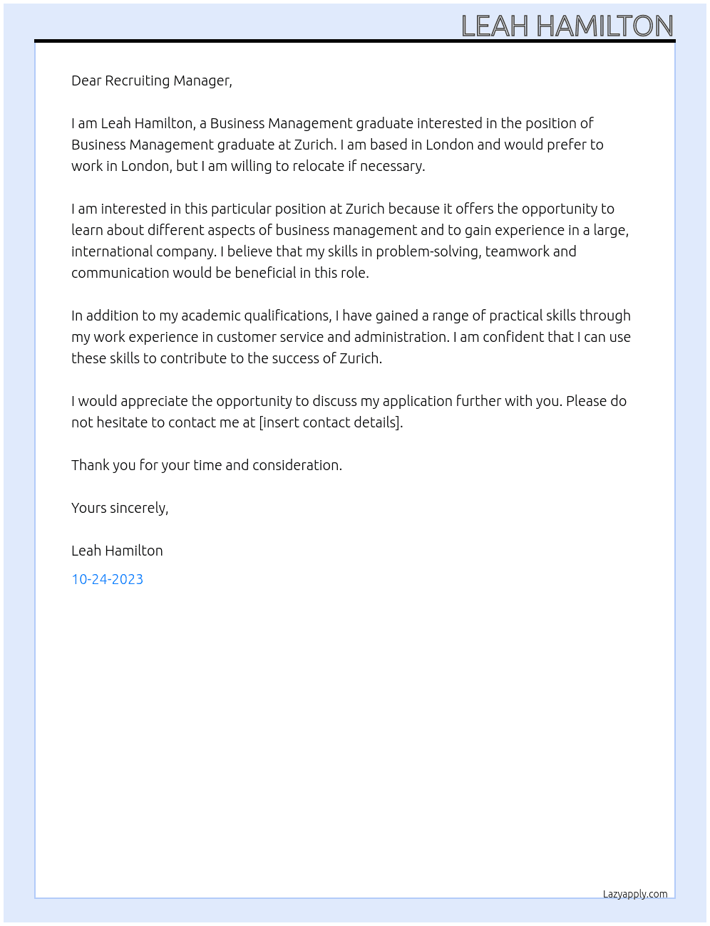 Business Management graduate At Zurich Cover Letter