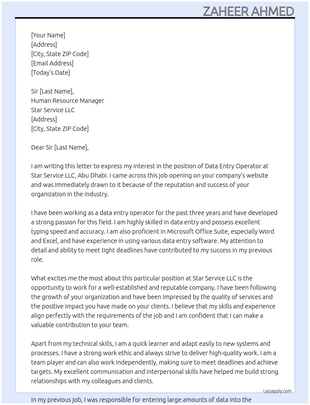 Data Entry Operator At Star Service LLC, Abu Dhabi Cover Letter