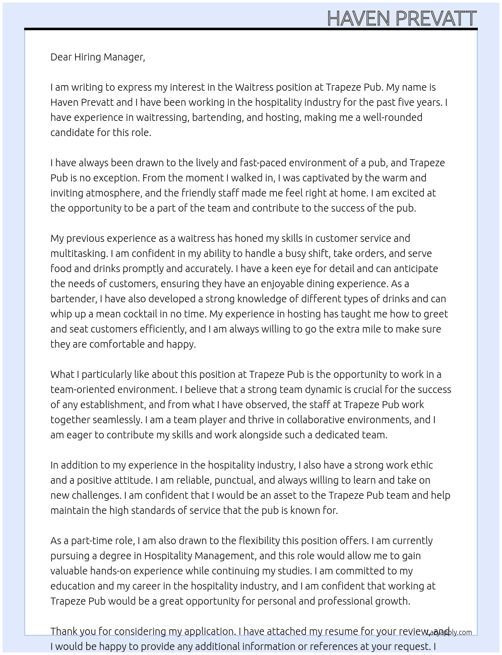Waitress At Trapeze Pub Cover Letter