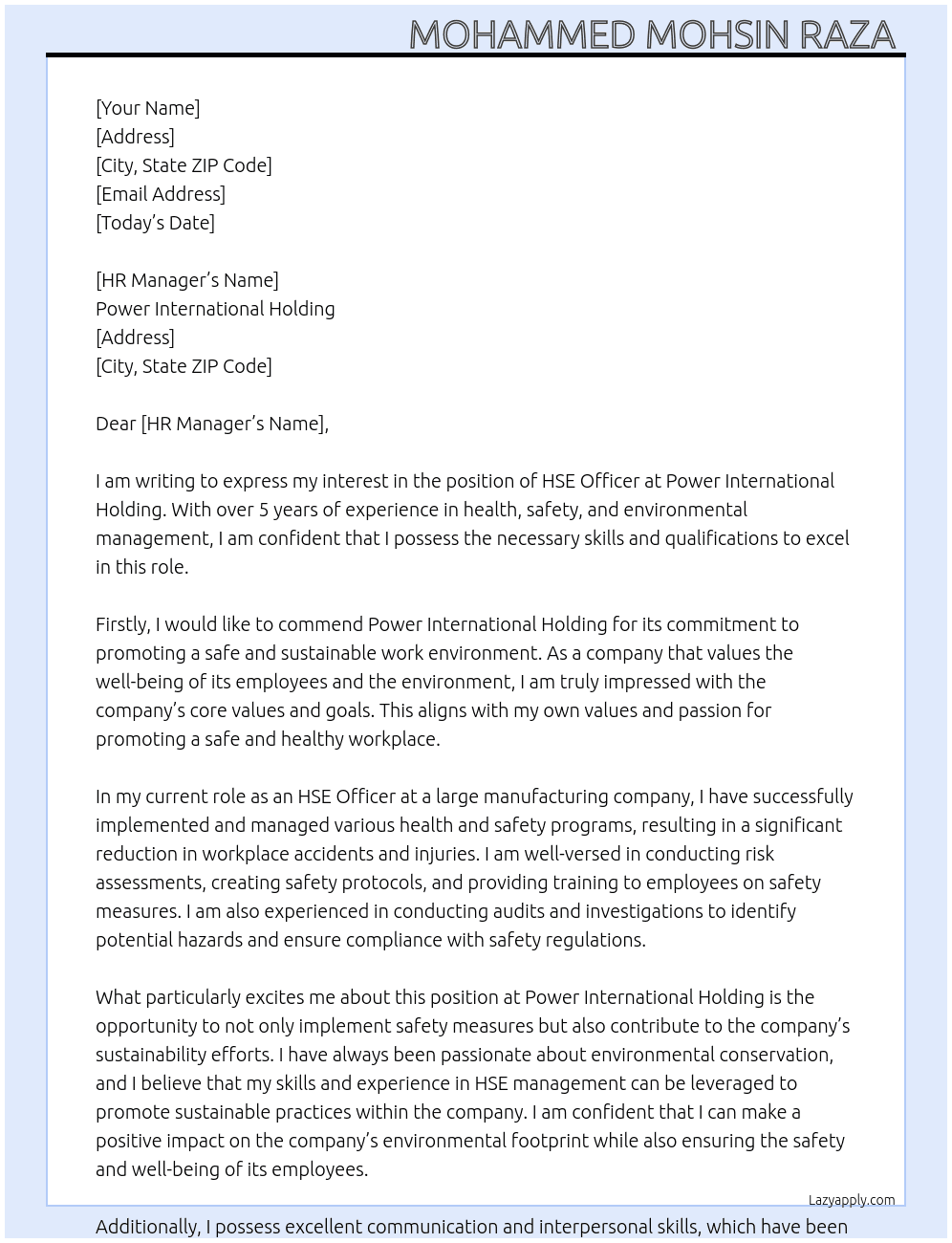 HSE Officer  At Power international holding Cover Letter