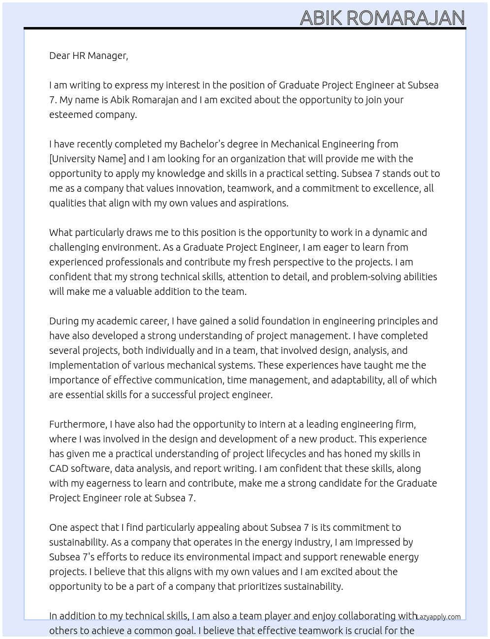 Cover letter for graduate project engineer - LazyApply