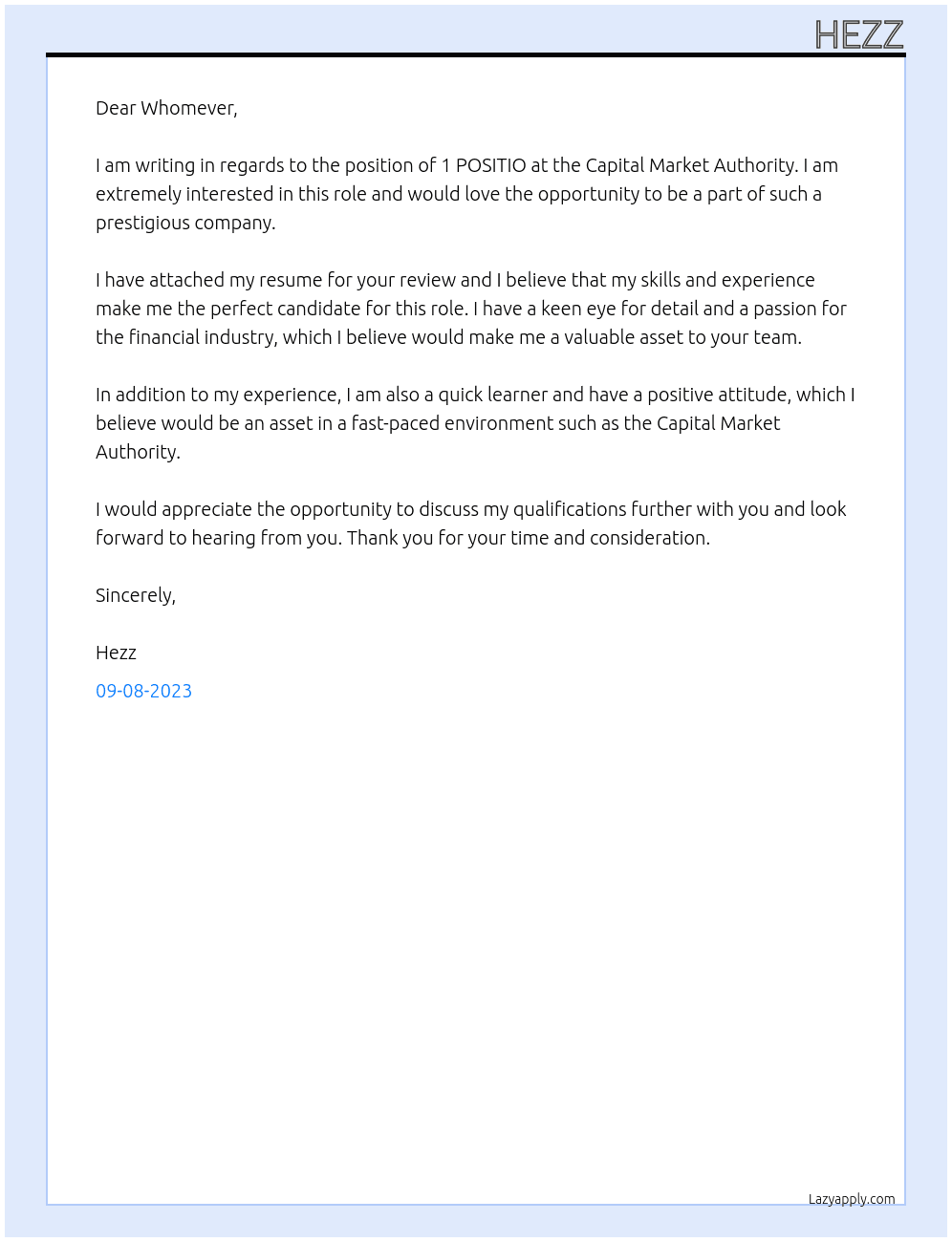 – 1 POSITIO At capital market authority Cover Letter