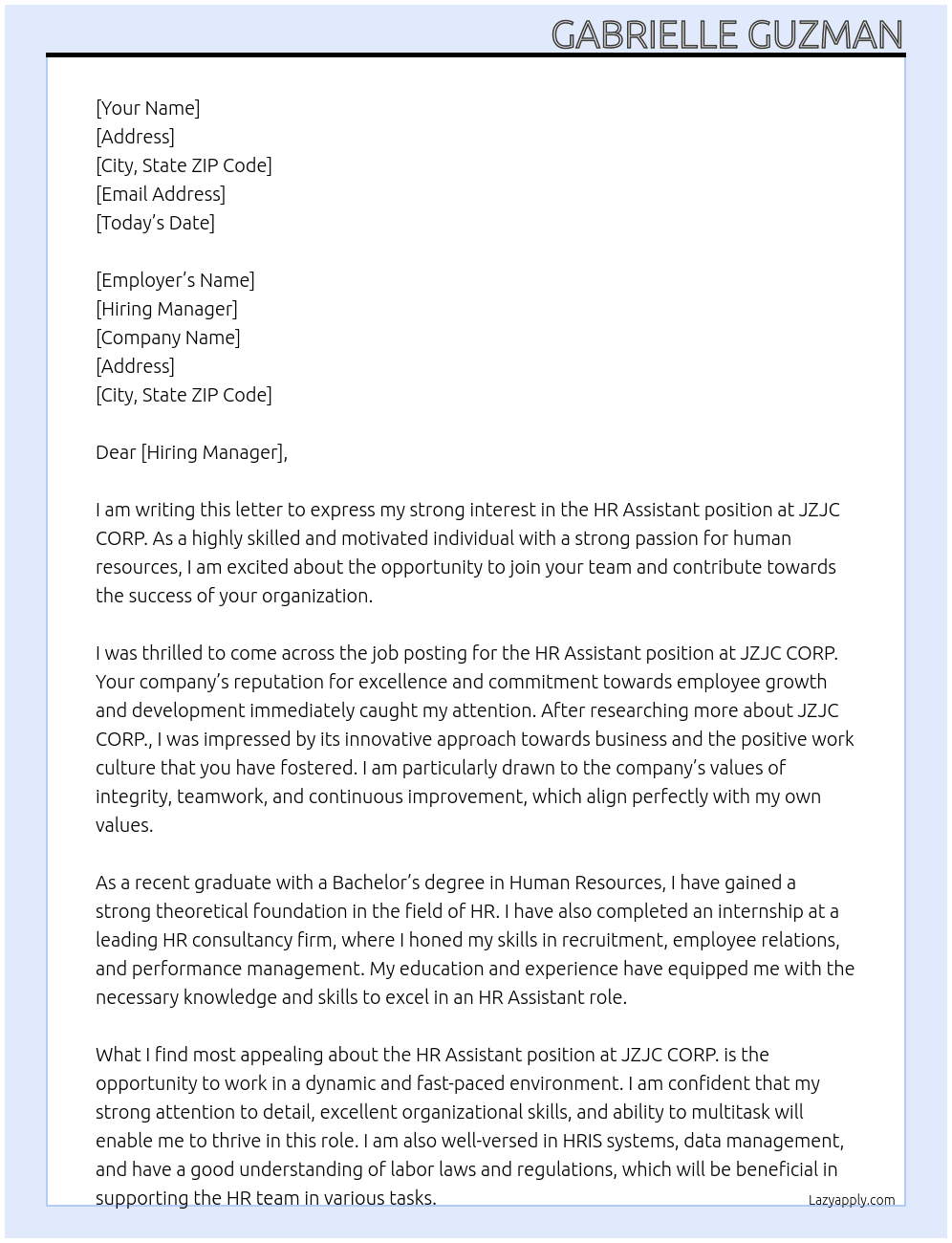 hr assistant At JZJC CORP. Cover Letter
