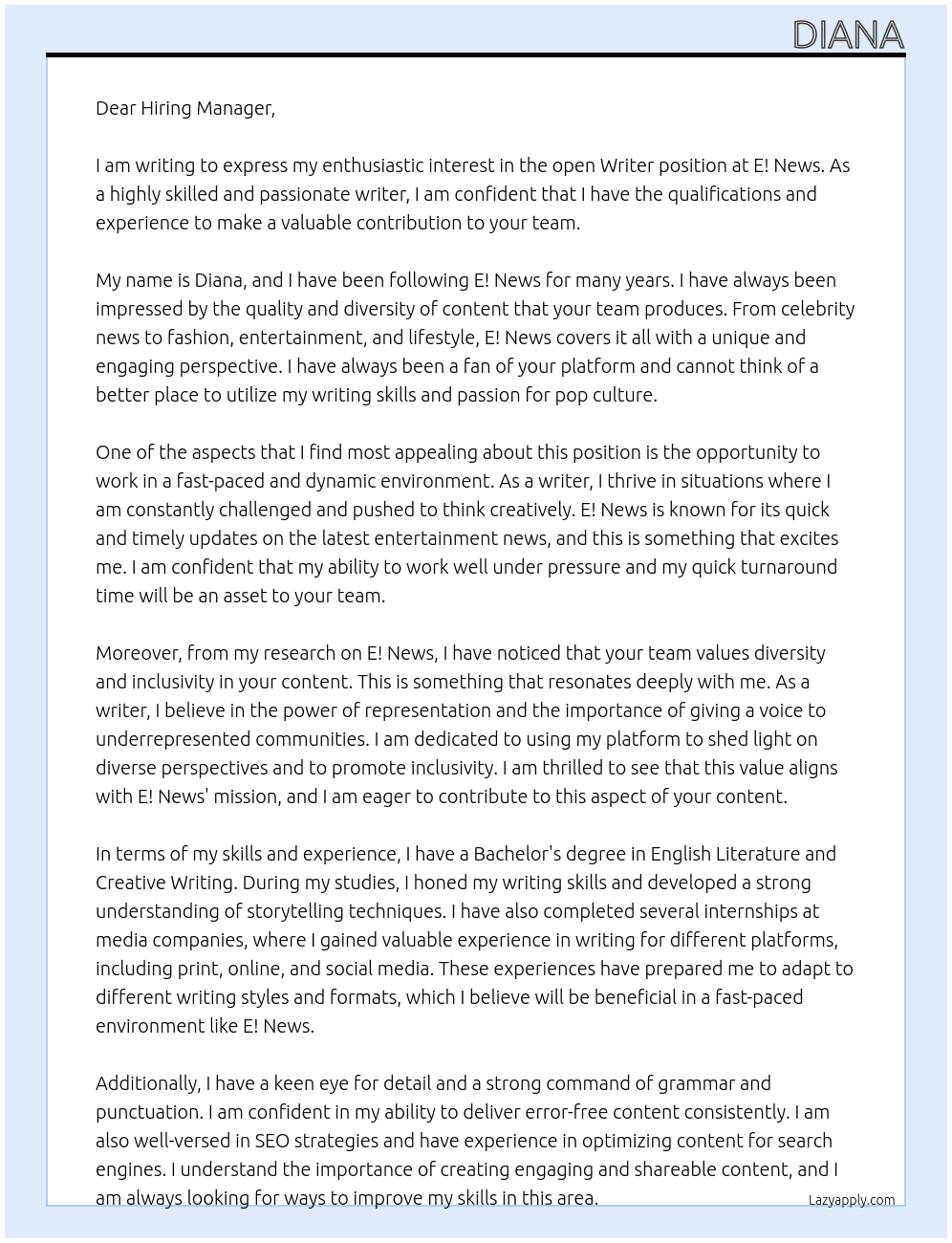 Writer At E! News  Cover Letter