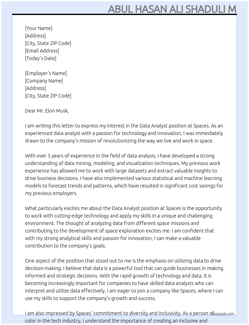 Data Analyst At Spaces Cover Letter