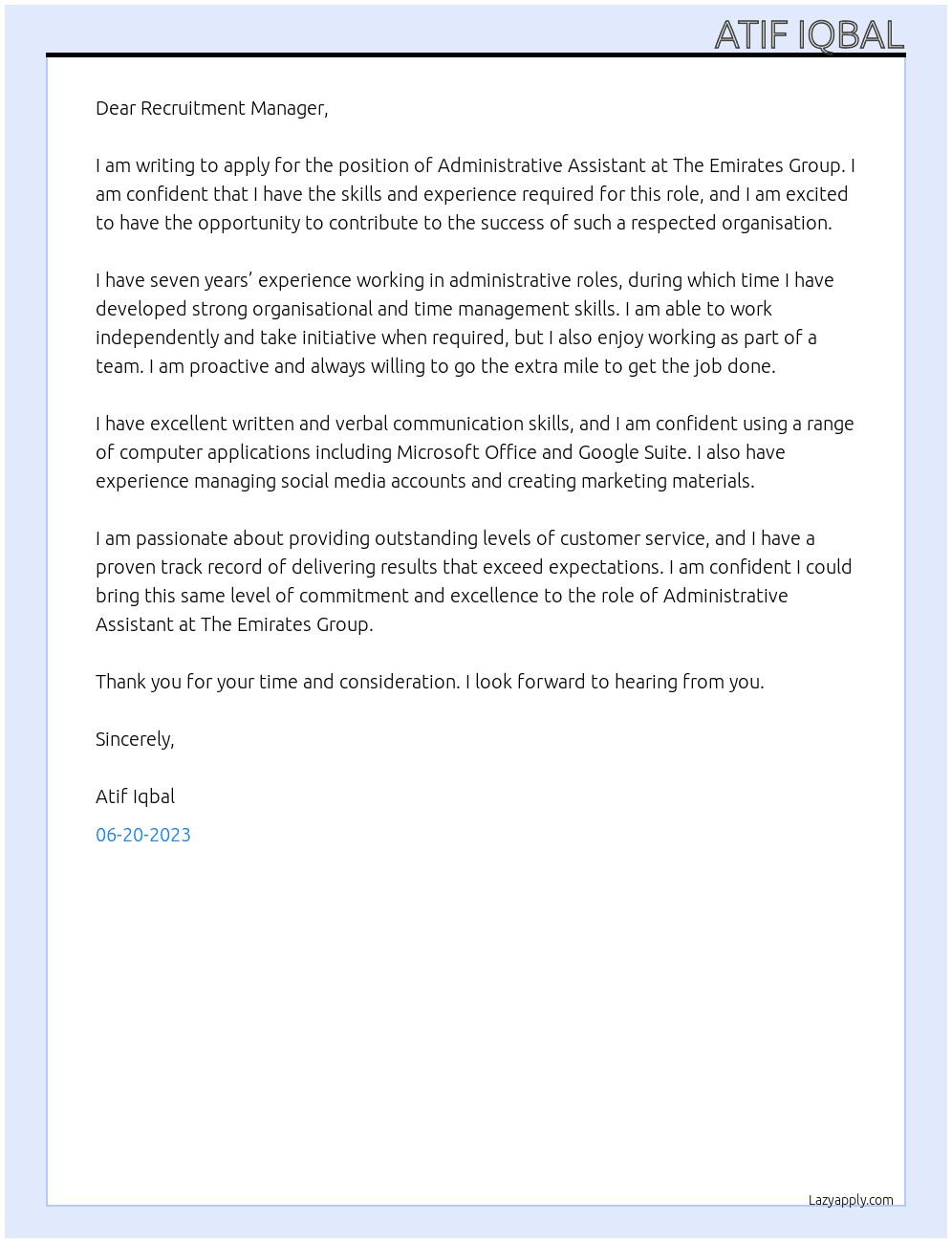 Administrative Assistant  At The Emirates Group  Cover Letter