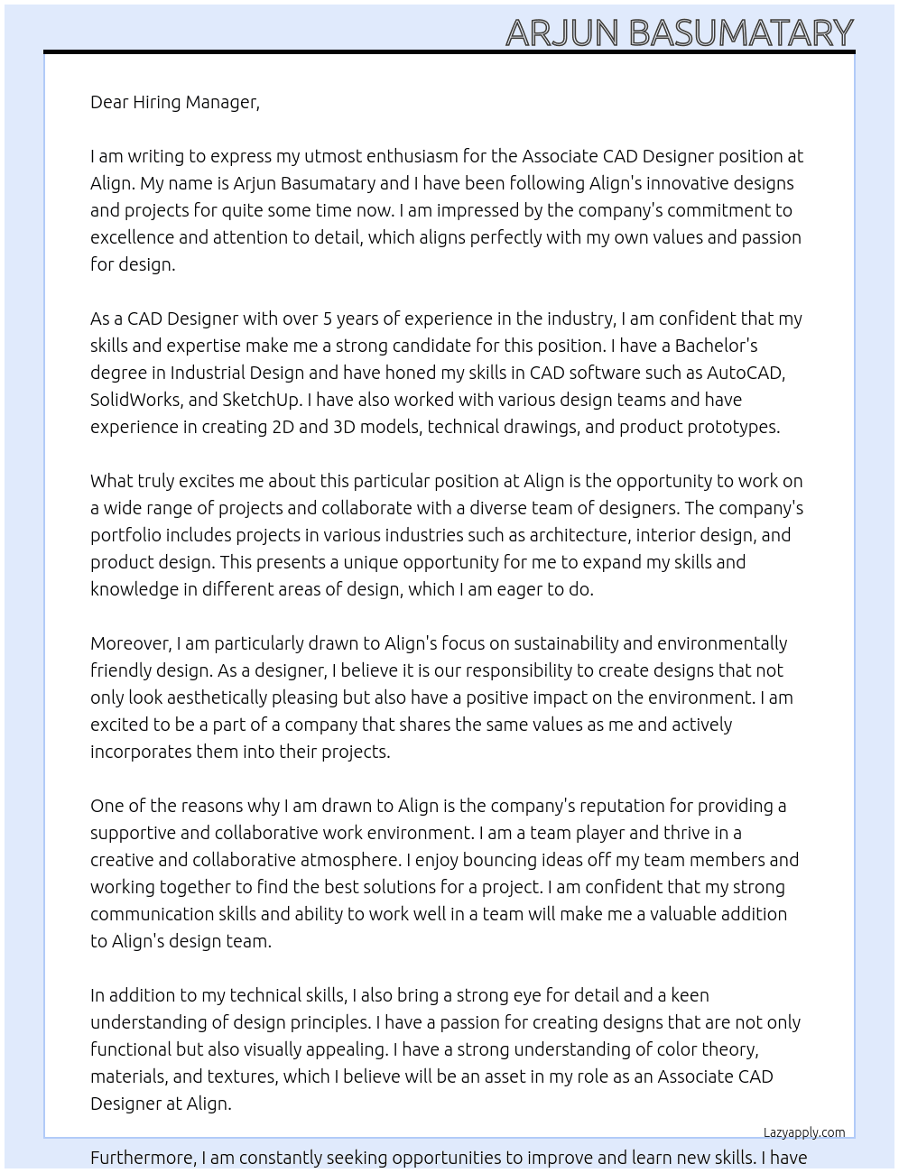 Associate CAD Designer At Align Cover Letter