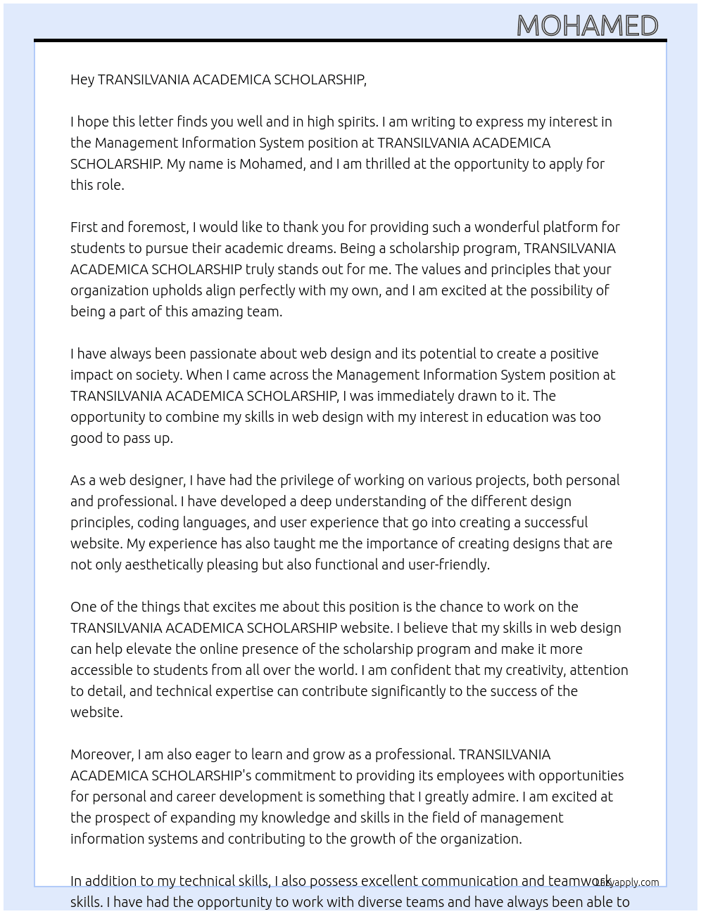 Management information system  At TRANSILVANIA ACADEMICA SCHOLARSHIP Cover Letter