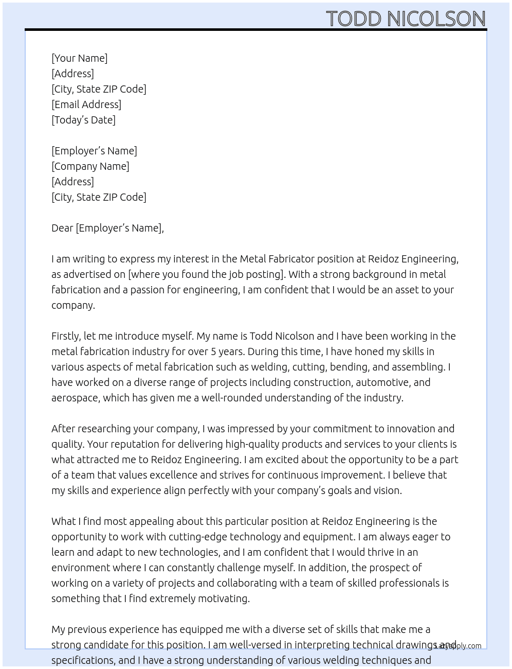 Metal Fabricator At Reidoz Engineering Cover Letter