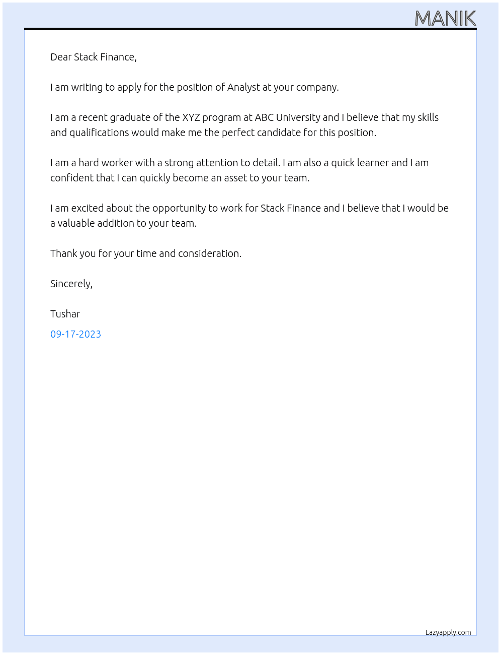 ANalyst At Stack Finance Cover Letter