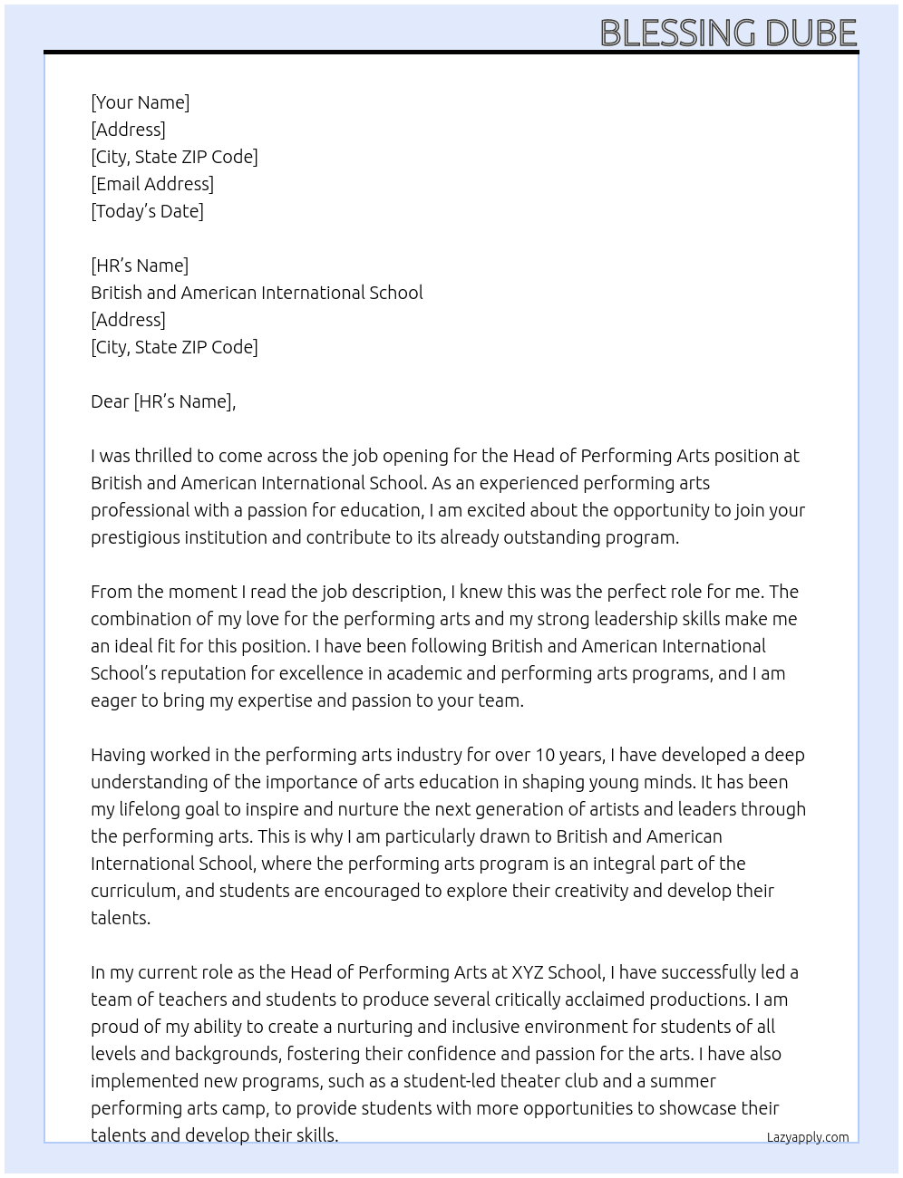 Head of Performing Arts At British and American International School  Cover Letter