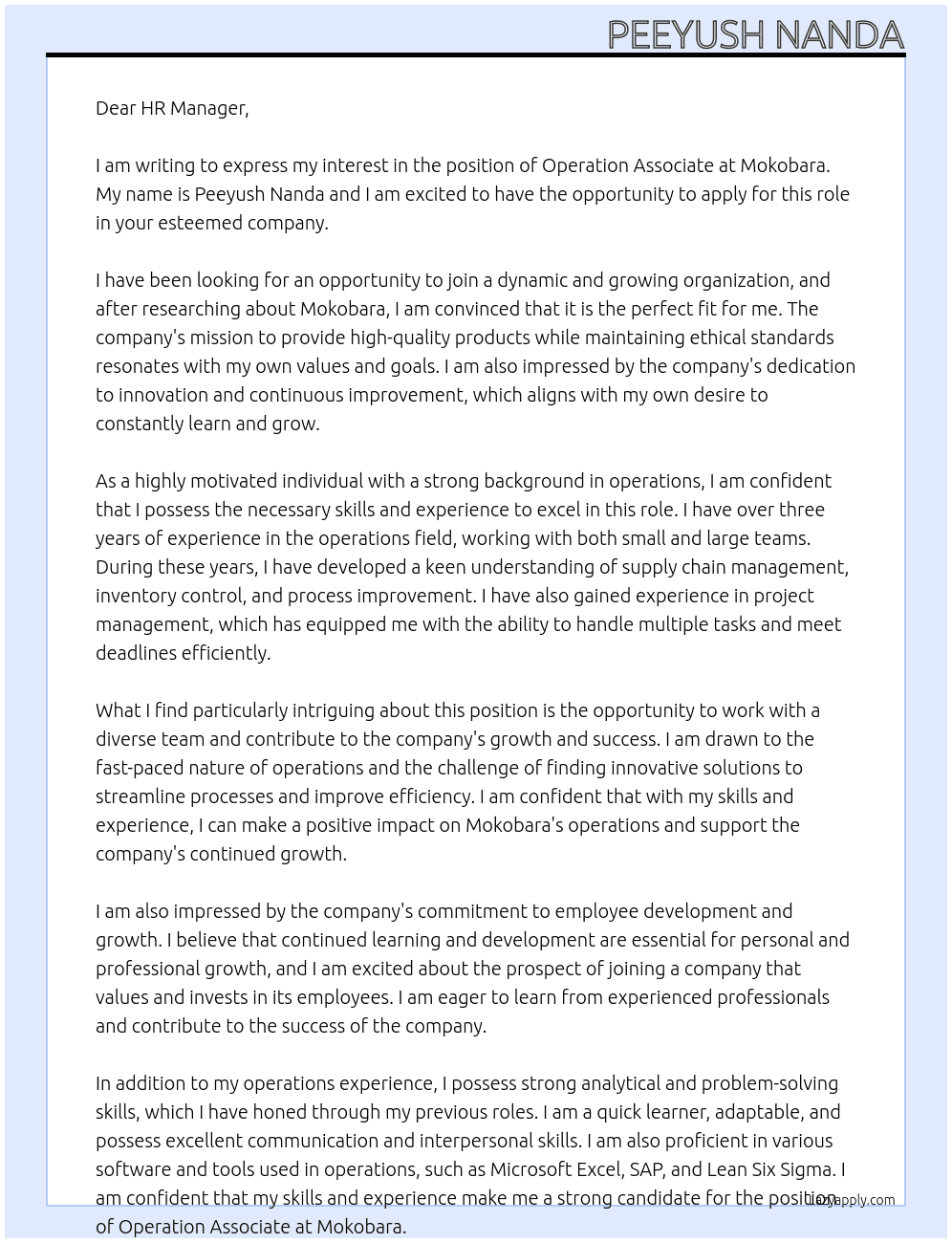 Operation Associate  At Mokobara Cover Letter