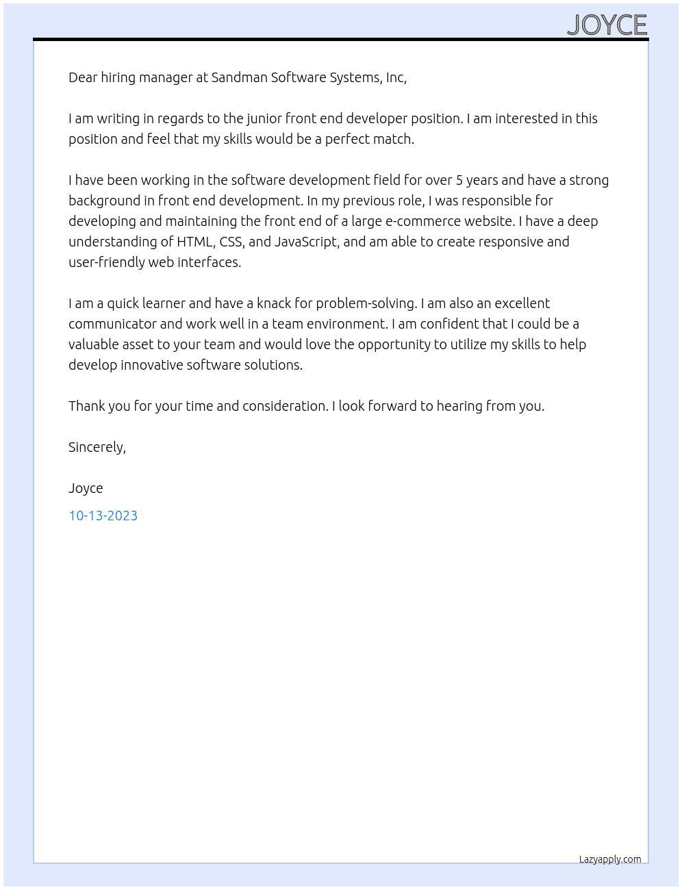 Junior Front End Developer At Sandman Software Systems, Inc Cover Letter