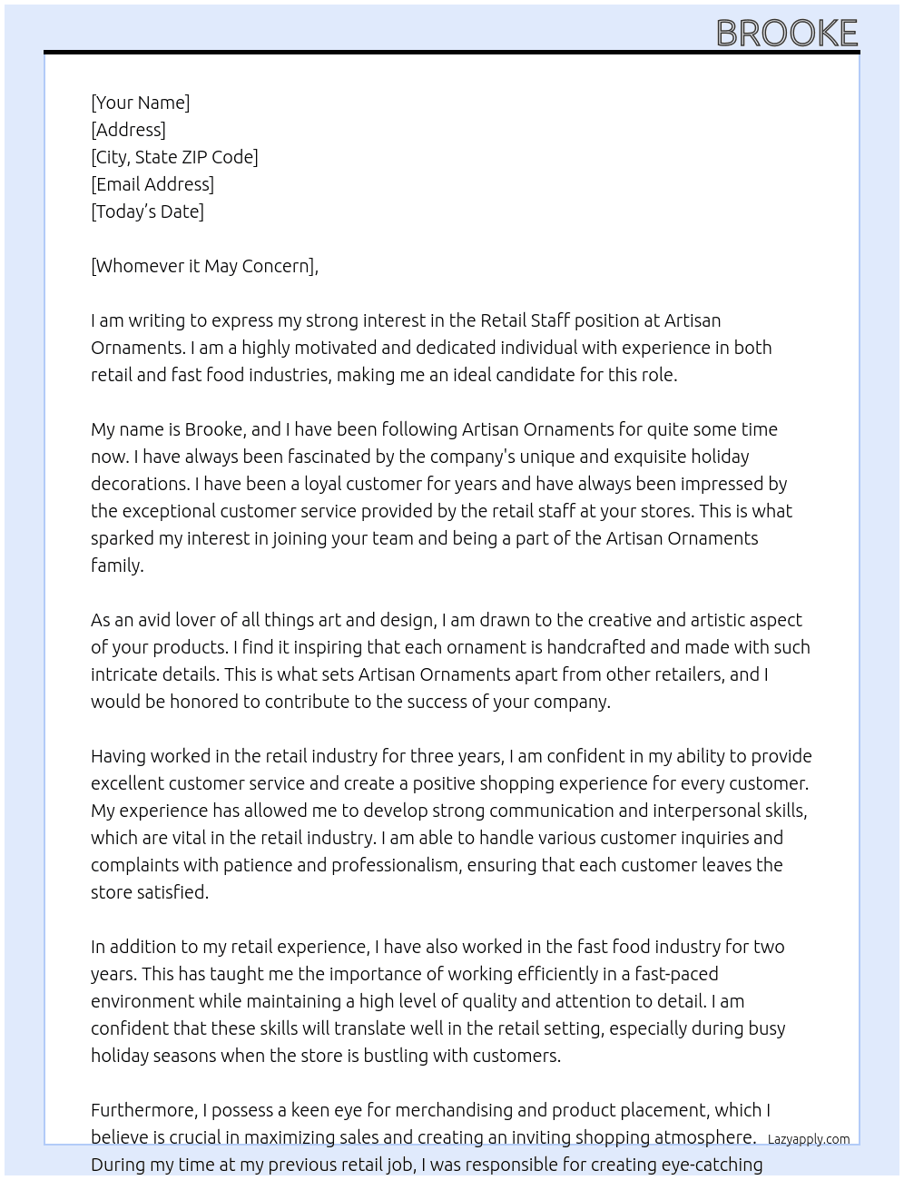 Retail staff At Artisan Ornaments Cover Letter