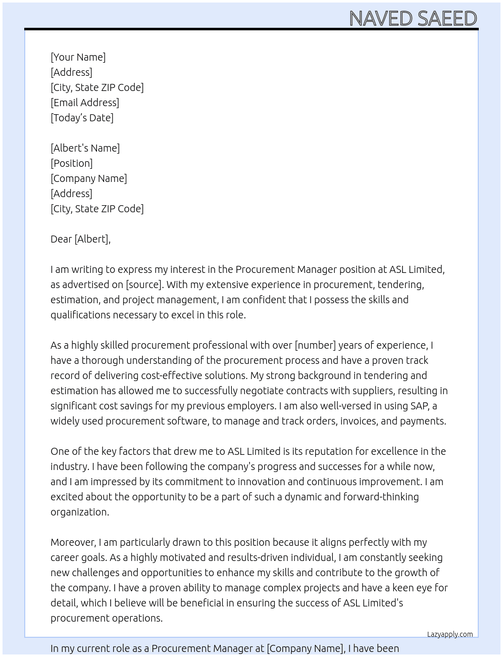 Procurement Manager At ASL Limited Cover Letter