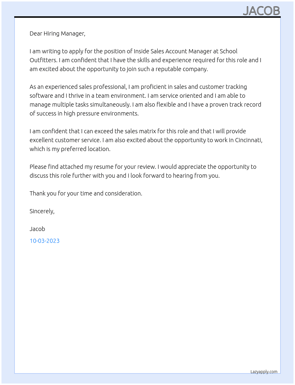 Inside Sales Account Manager  At School Outfitters Cover Letter