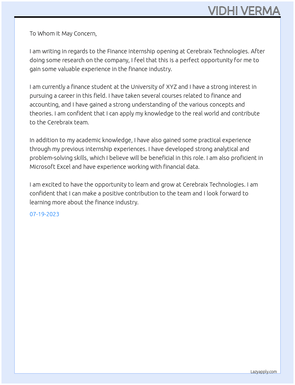 Finance internship At CereBraix Technologies Cover Letter