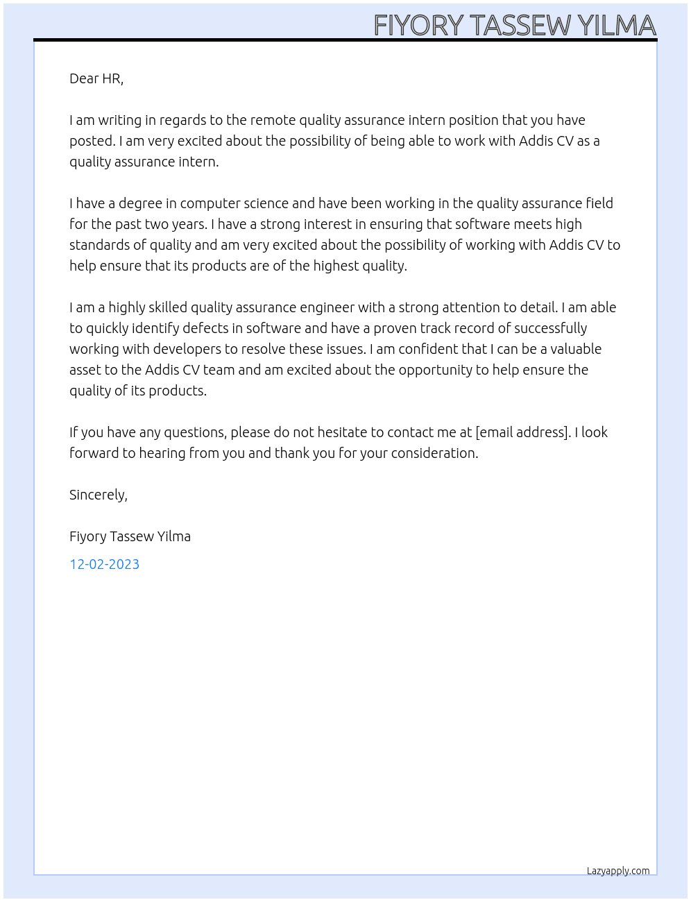 remote quality assurance intern At Addis CV Cover Letter