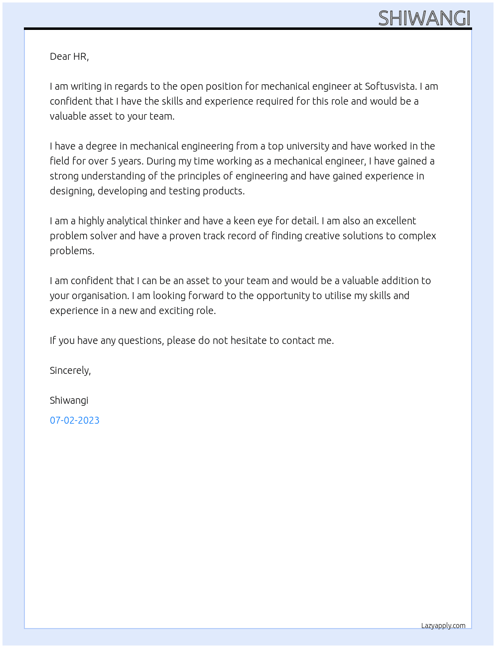 Mechanical engineer At Softusvista Cover Letter