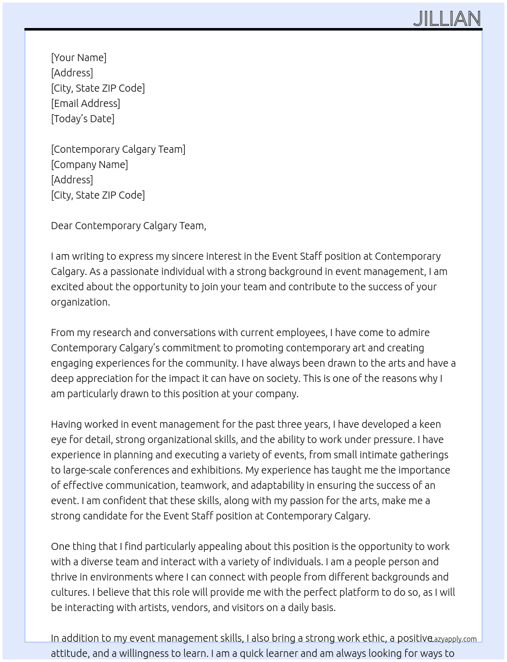 Event Staff At Contemporary Calgary Cover Letter