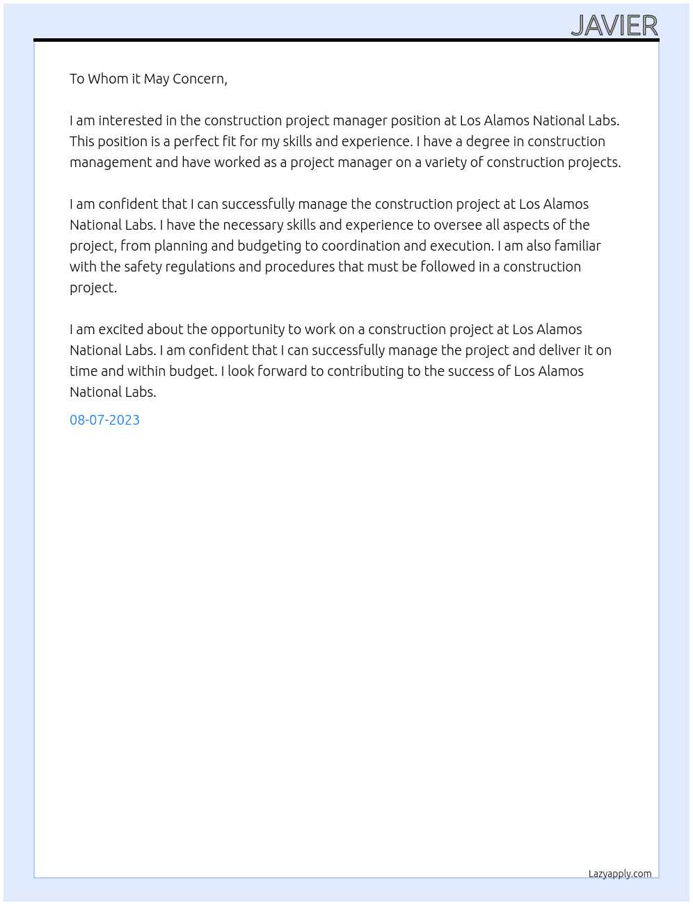 Construction project manager At Los Alamos National Labs Cover Letter