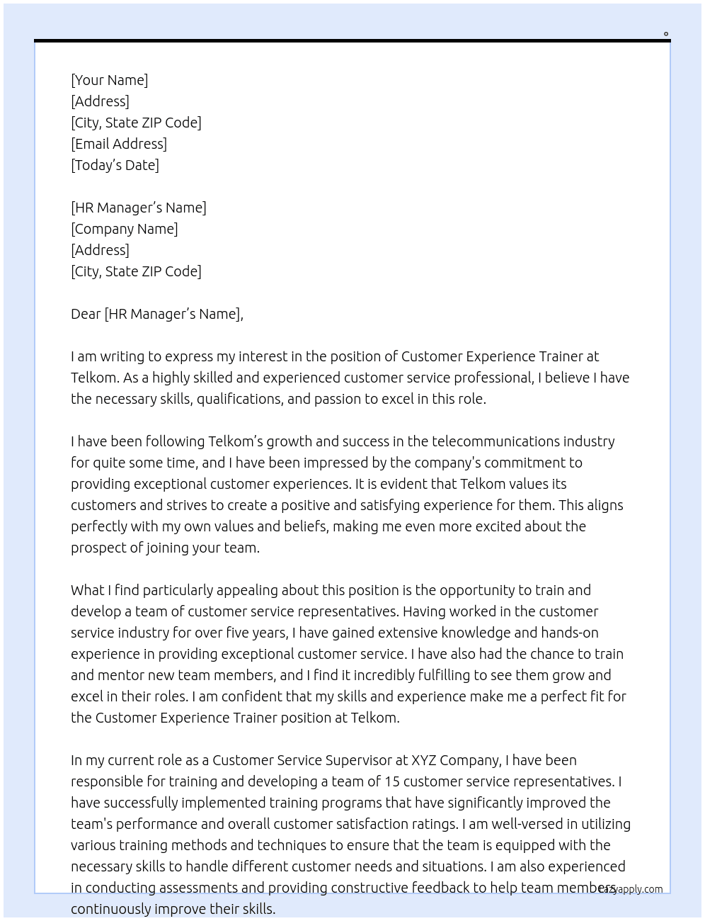 Customer Experience Trainer At Telkom Cover Letter