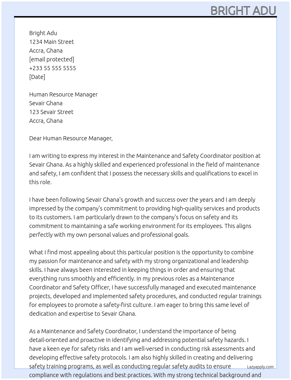 Maintenance and Safety Coordinator  At Sevair Ghana  Cover Letter