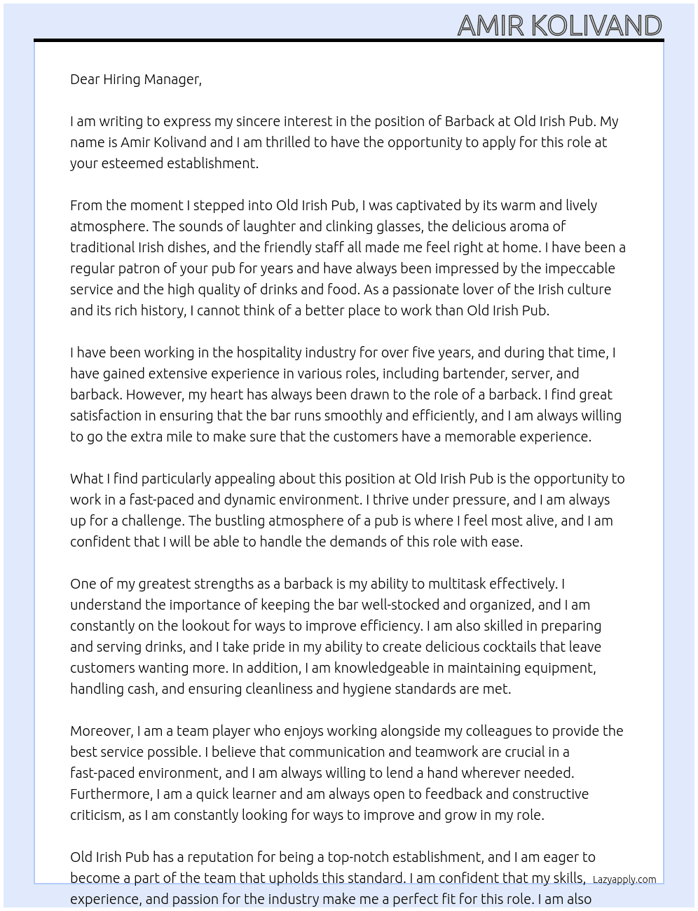 barback At Old Irish Pub Cover Letter