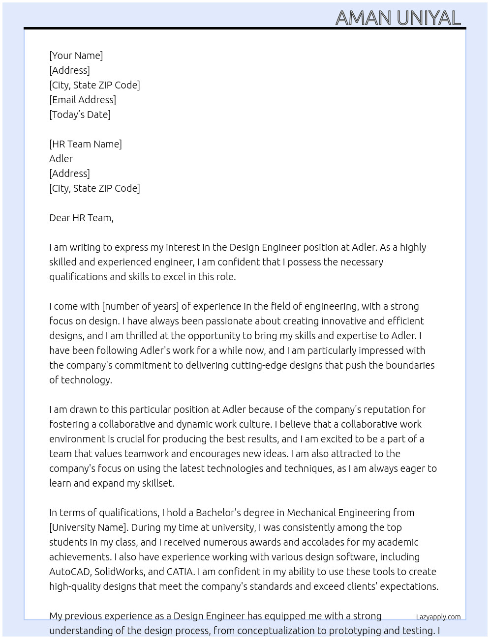 Design Engineer  At Adler Cover Letter