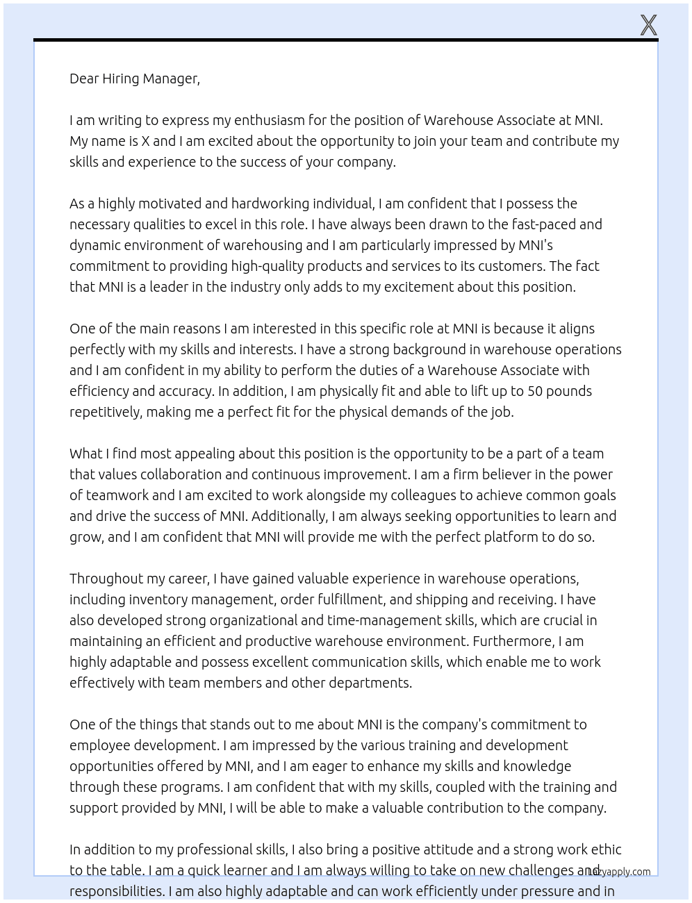 Warehouse Associate At MNI Cover Letter