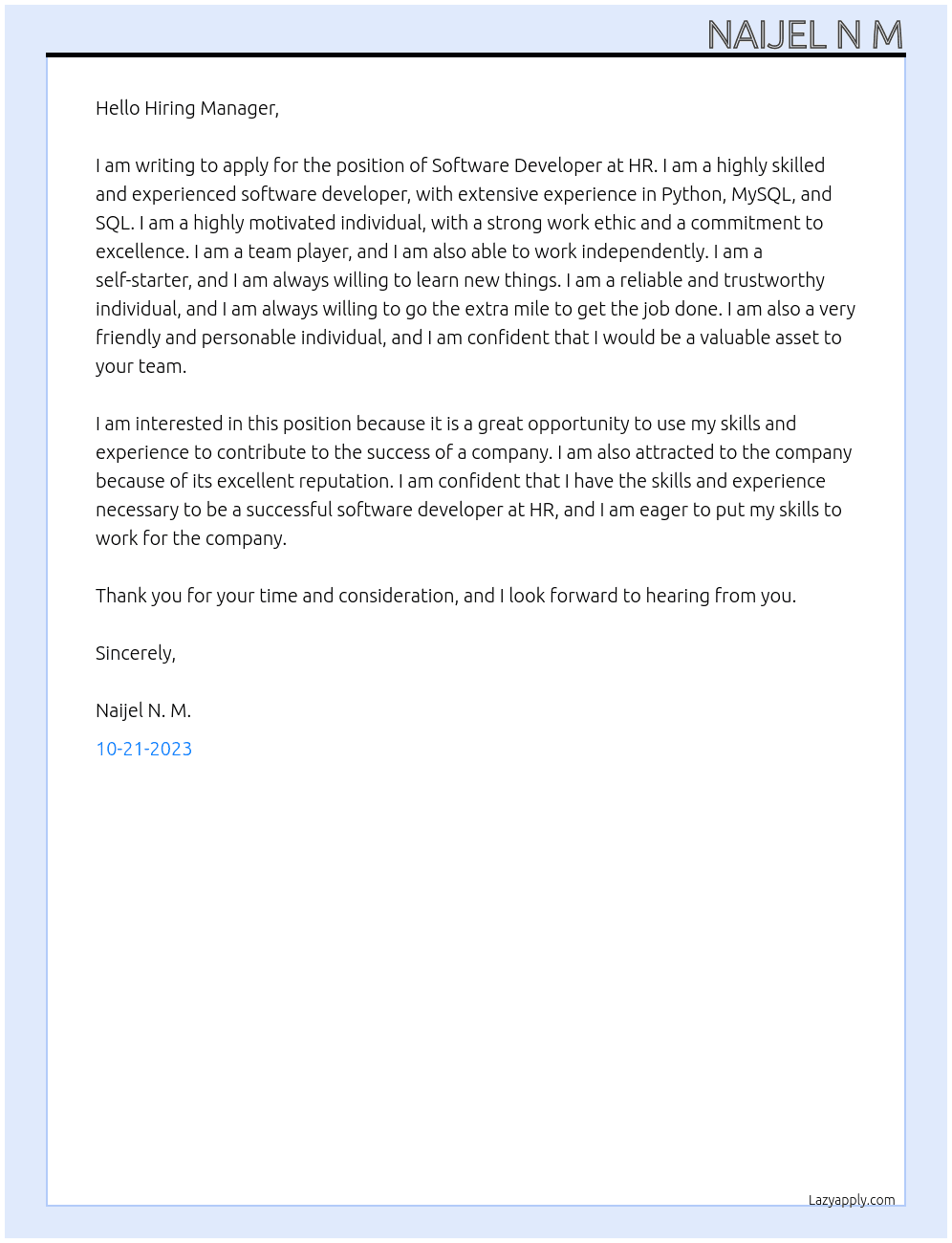 Software developer  At Hr Cover Letter