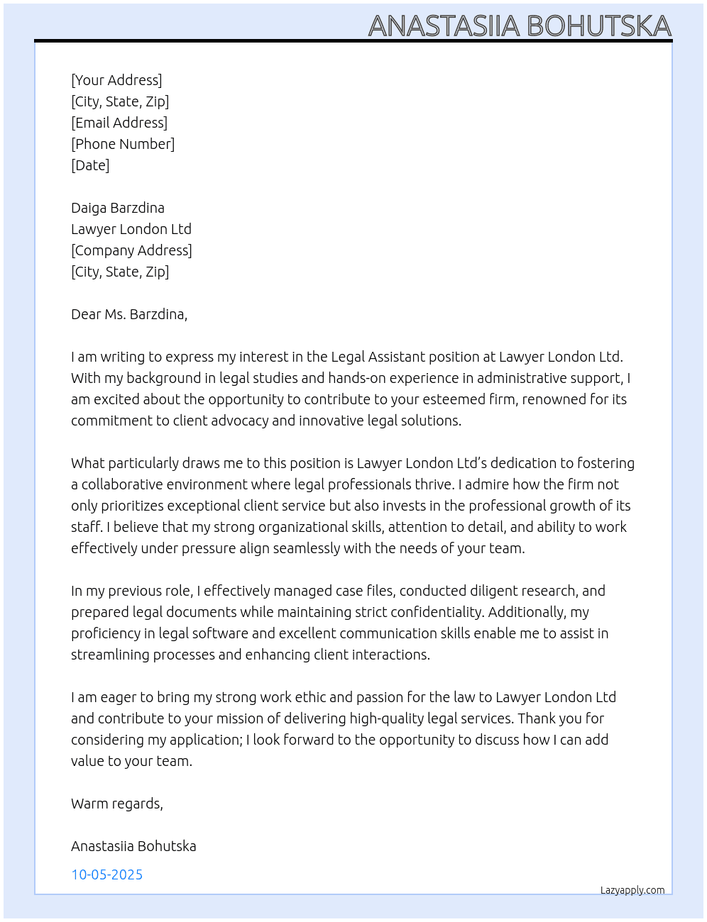 Legal Assistant At Lawyer London Ltd Cover Letter