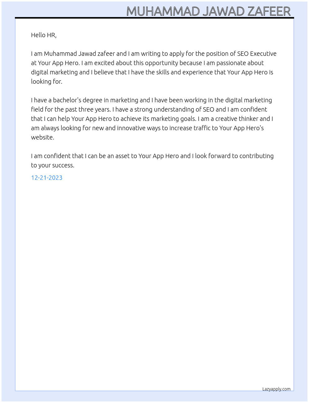 SEO Executive At Your App Hero Cover Letter