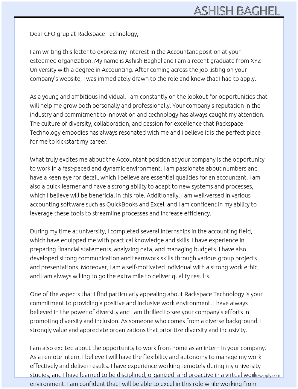 Accountant  At Rackspace technology  Cover Letter
