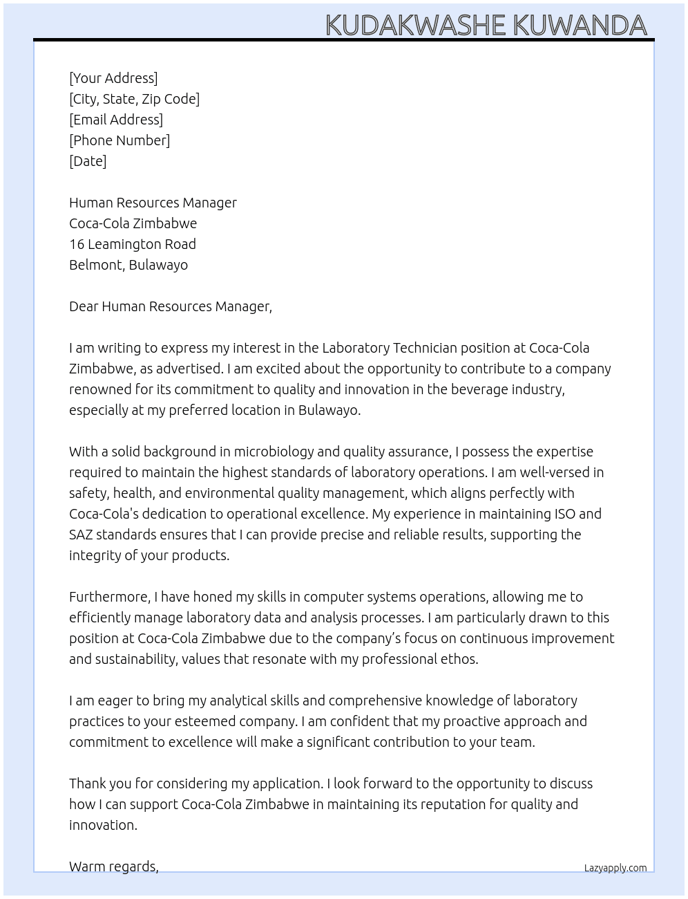Laboratory Technician  At Coca-Cola Zimbabwe  Cover Letter