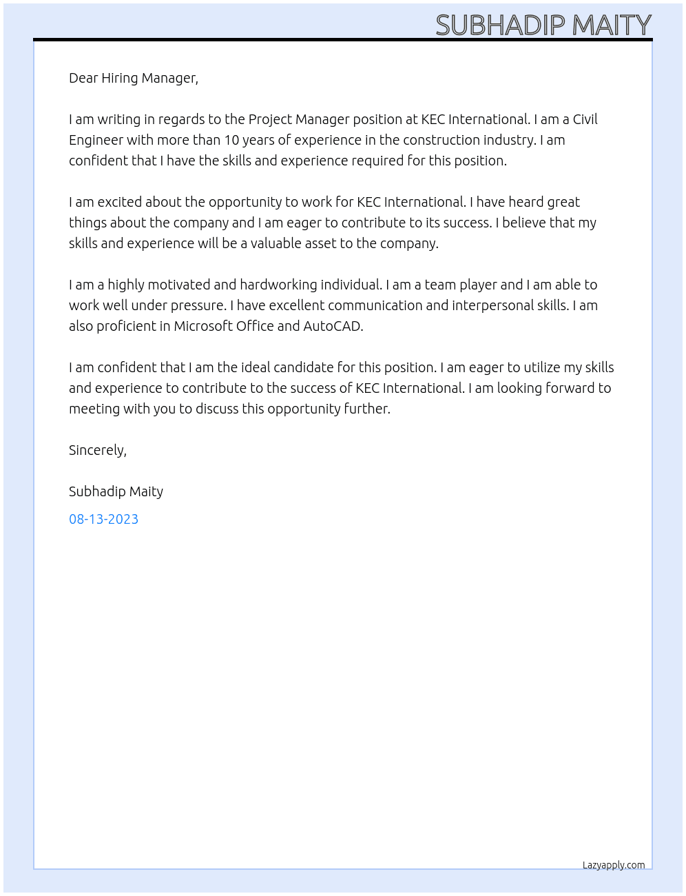 Civil Engineer At KEC International Cover Letter
