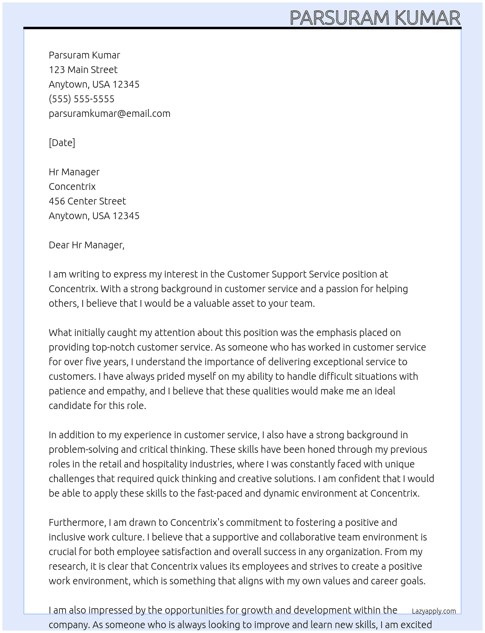 Customer Support Service At Concentrix Cover Letter