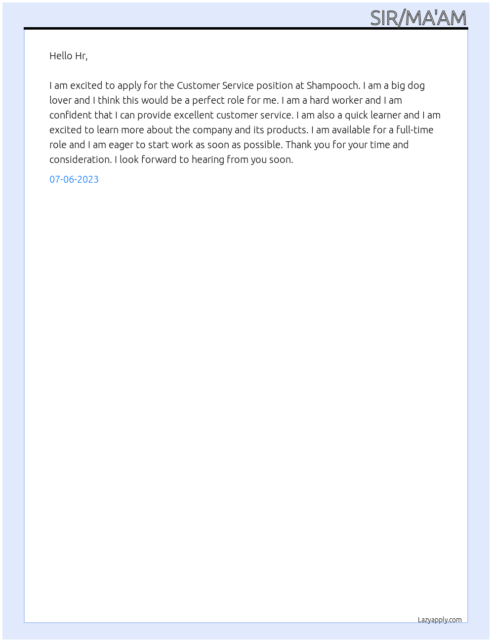 Customer Service At Shampooch Cover Letter