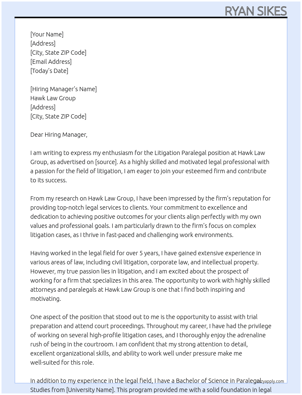Litigation Paralegal At Hawk Law Group Cover Letter